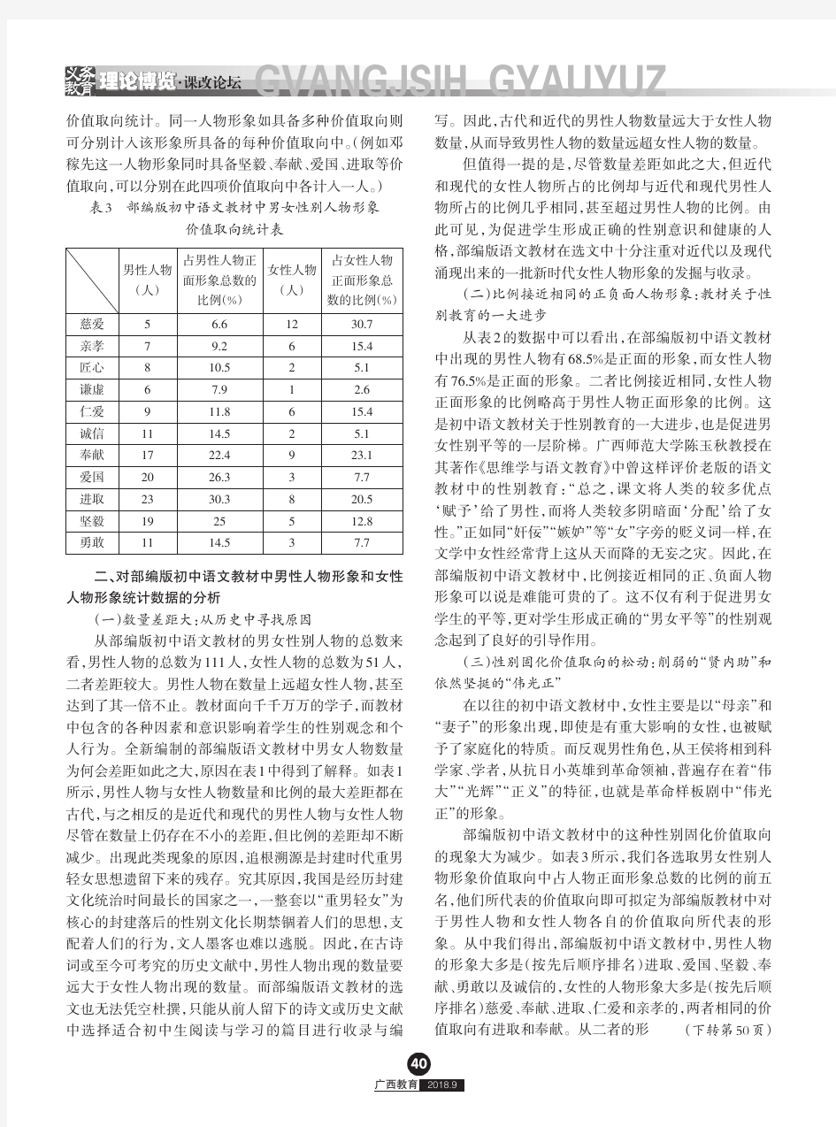 部编版初中语文教材中男女性别人物形象的统计与分析
