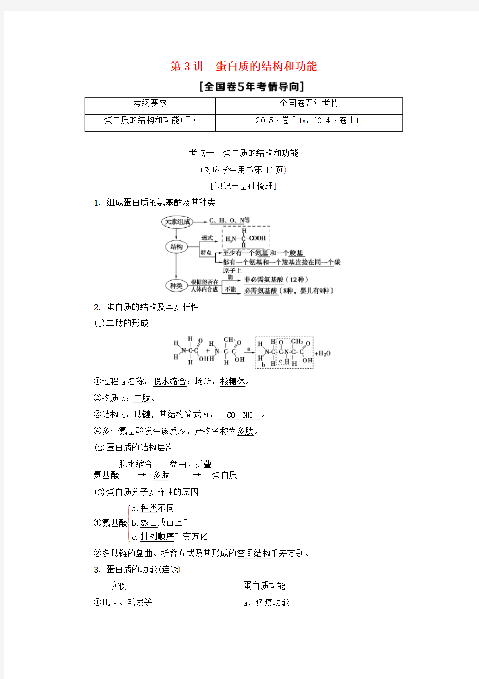 2019版高考生物一轮复习第1单元细胞的化学组成第3讲蛋白质的结构和功能学案苏教版