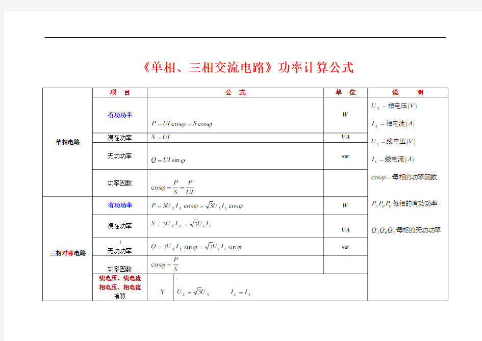 《单相、三相交流电路》计算公式归纳