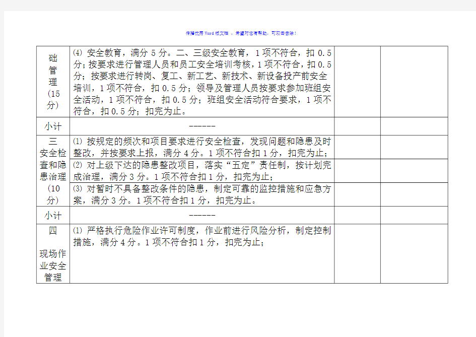 安全生产绩效考核表Word版