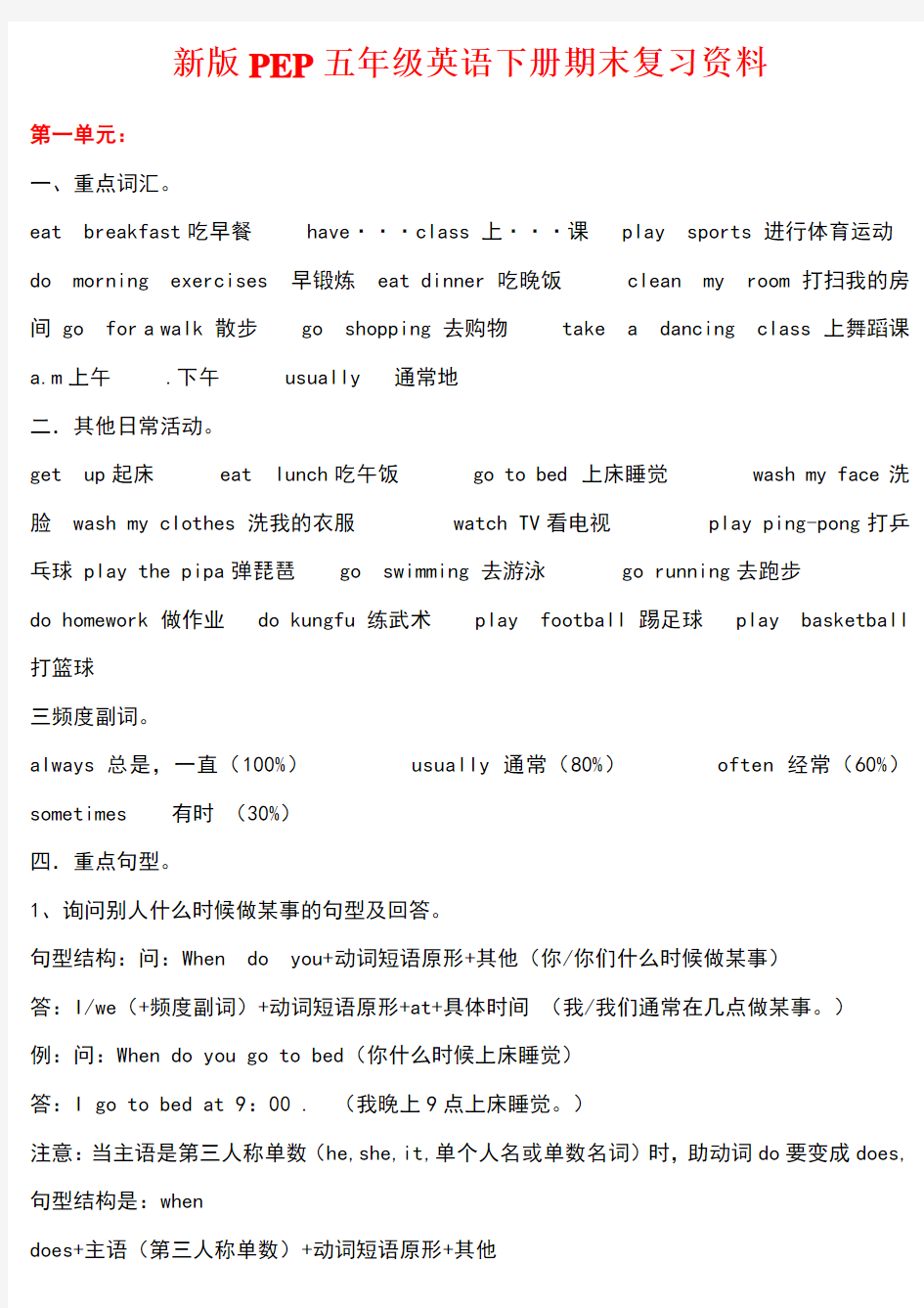 新人教版五年级英语下册各单元复习资料全