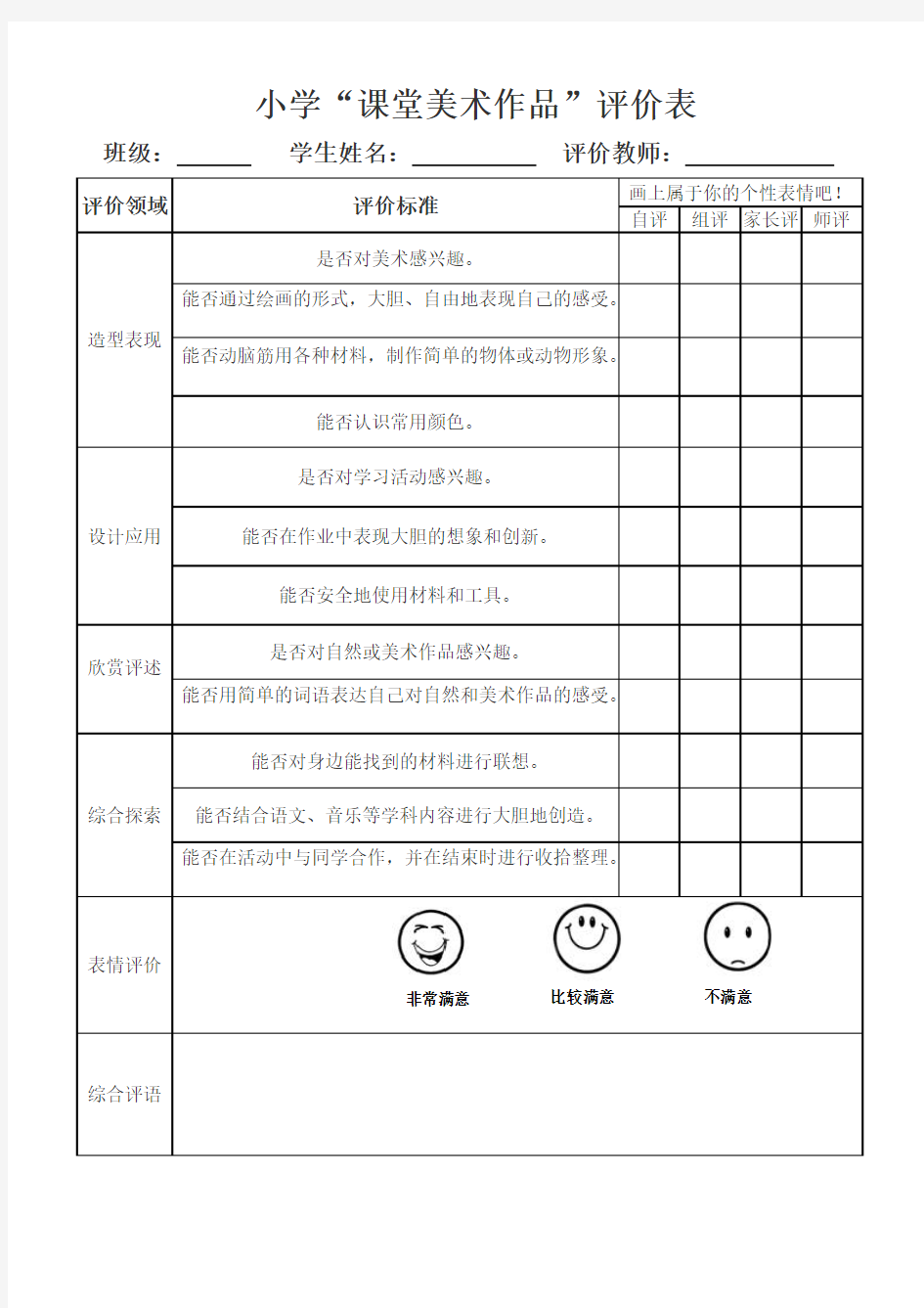 (完整)小学美术作品评价表