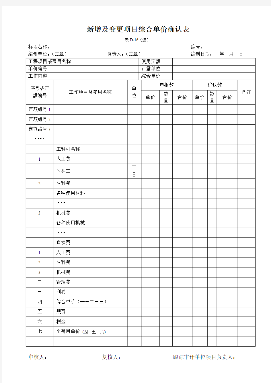 新增及变更项目综合单价确认表d16