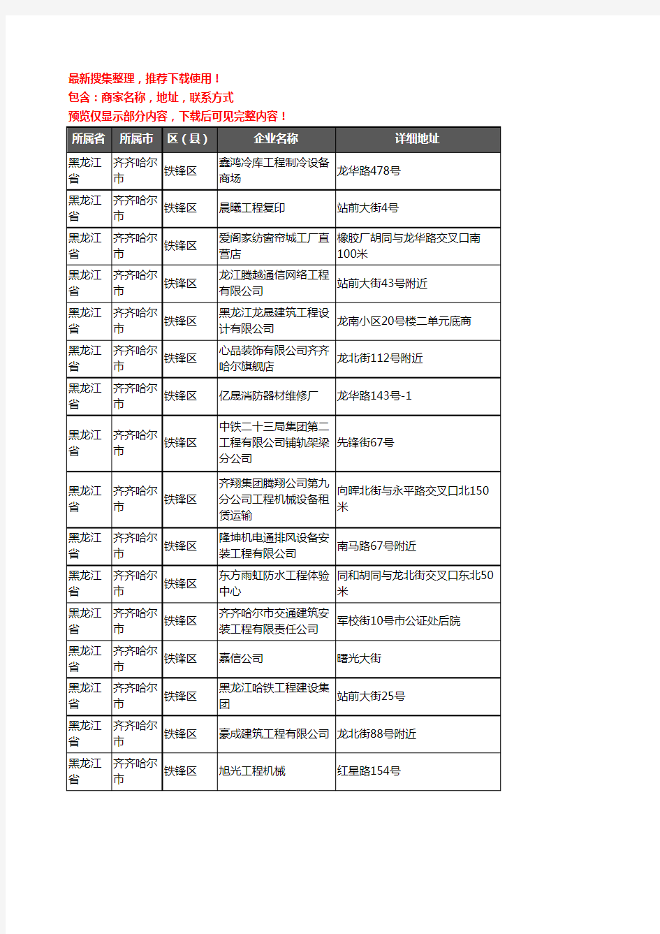 新版黑龙江省齐齐哈尔市铁锋区建筑工程企业公司商家户名录单联系方式地址大全53家