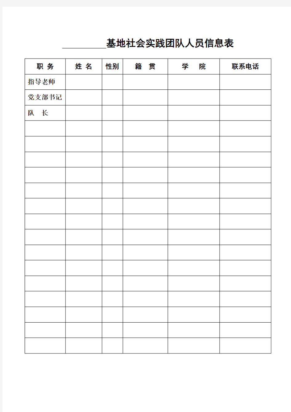 基地社会实践团队人员信息表