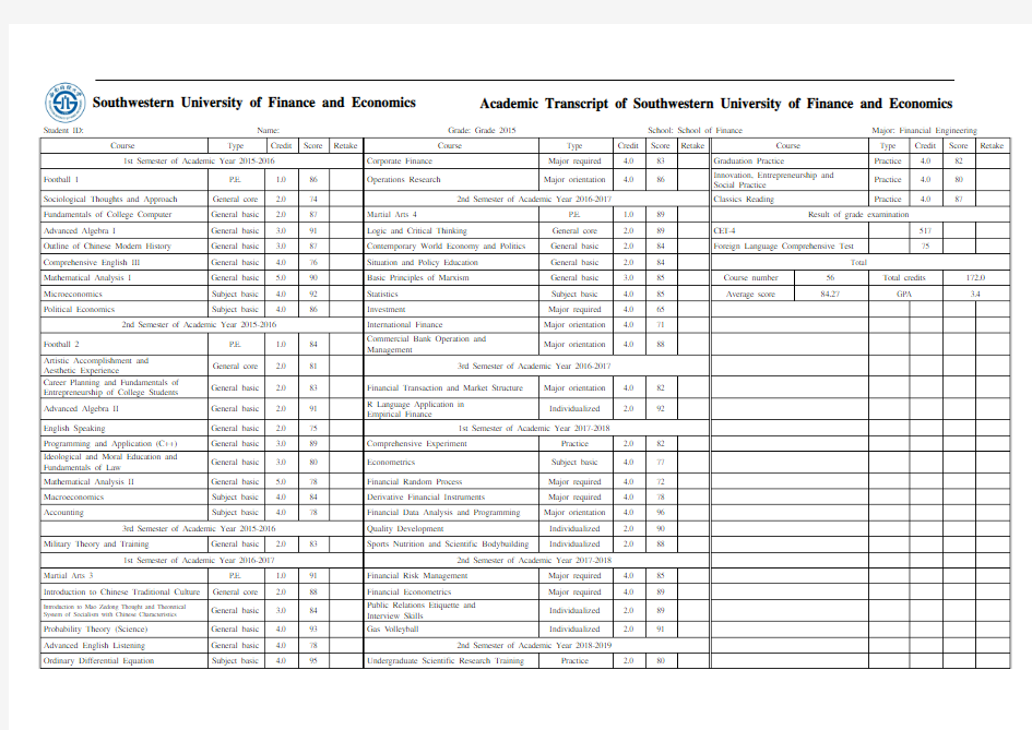 成绩单-西南财经大学金融学院-横版15列