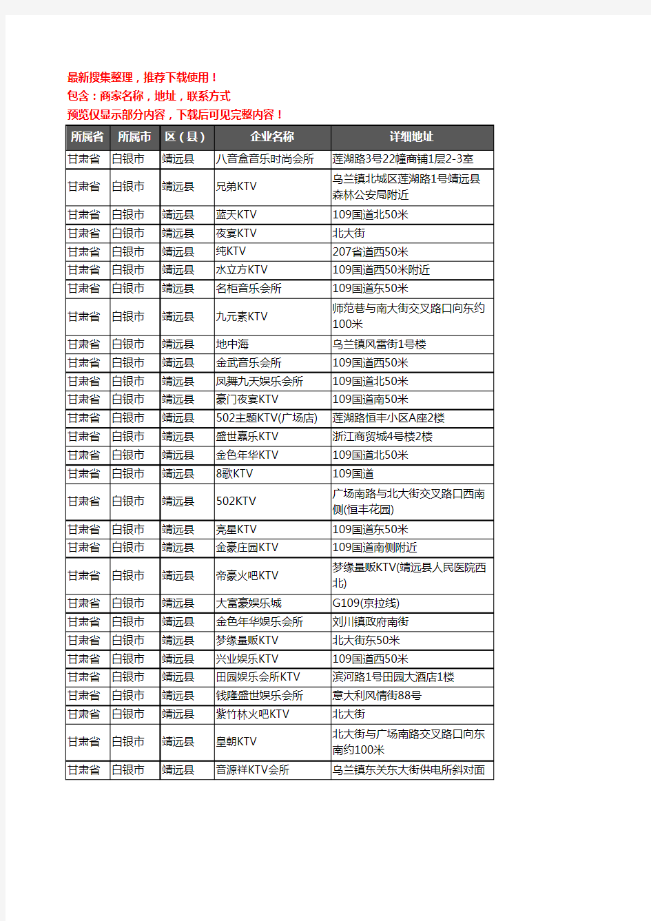 新版甘肃省白银市靖远县KTV企业公司商家户名录单联系方式地址大全29家