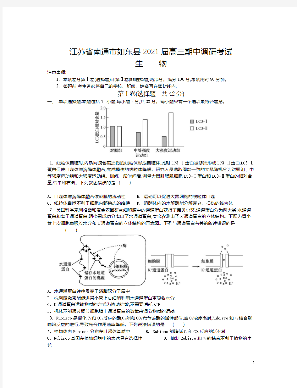 江苏省南通市如东县2021届高三上学期期中调研考试 生物