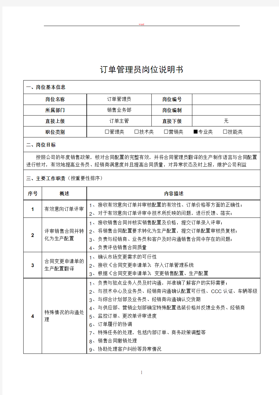 订单管理员岗位说明书 (2)