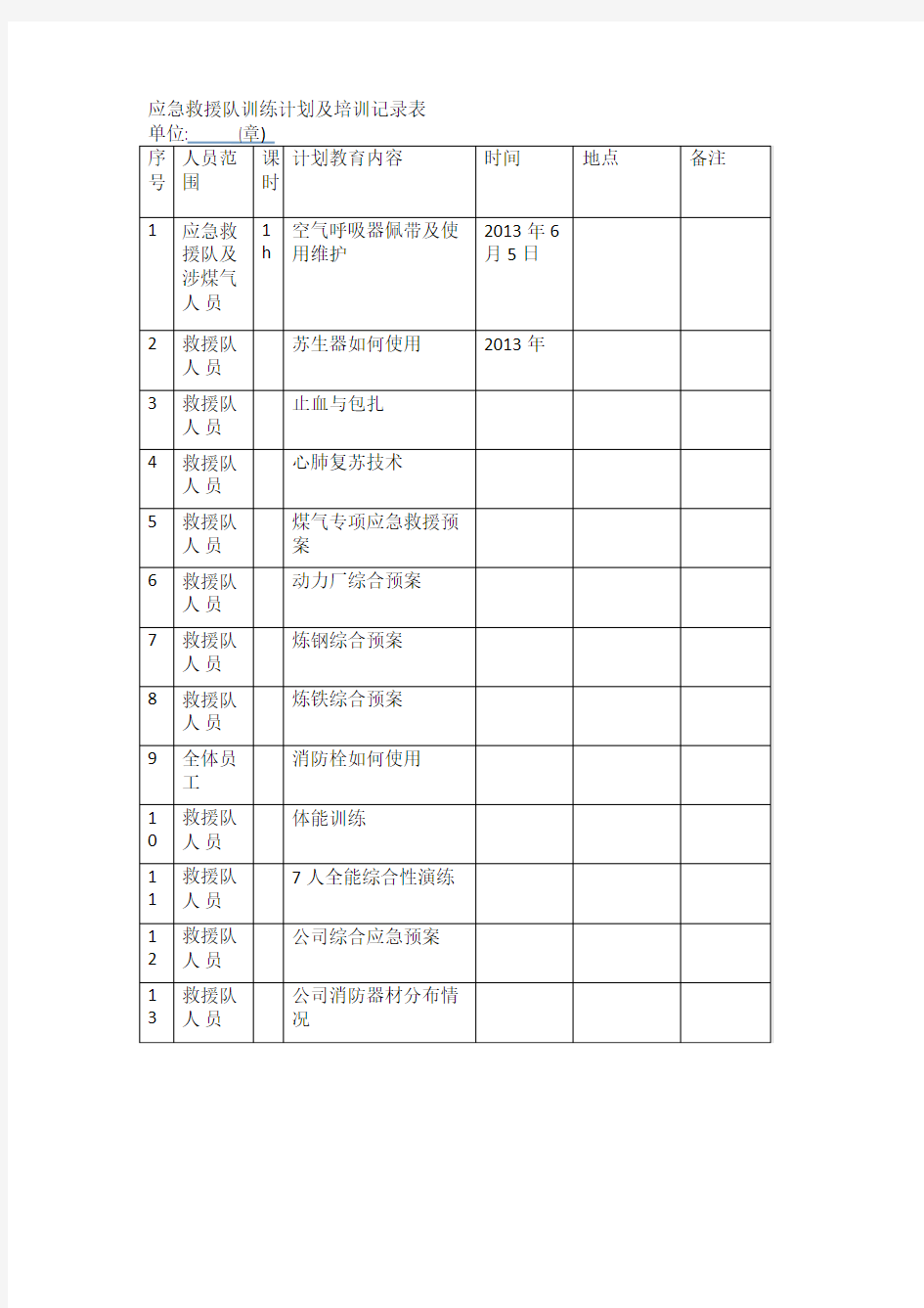 应急救援队训练计划及培训记录