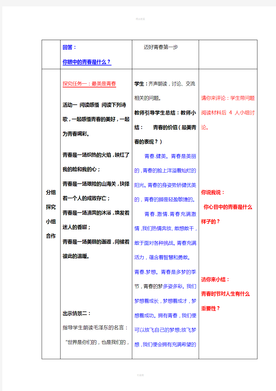 七年级政治上册 2.4.3 为青春喝彩教案 鲁人版六三制(道德与法治)