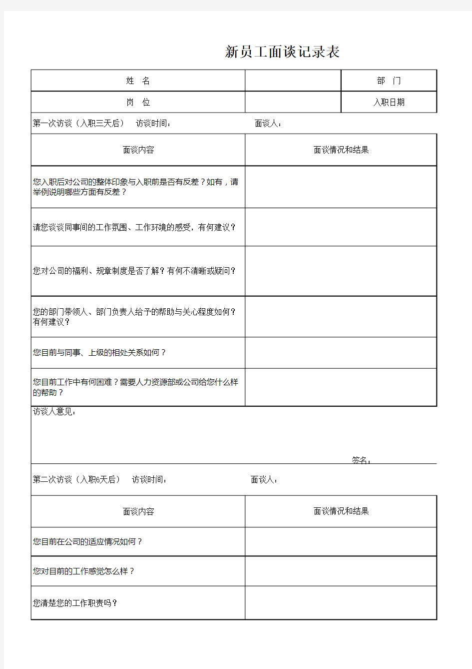 新员工面谈记录表【常规】