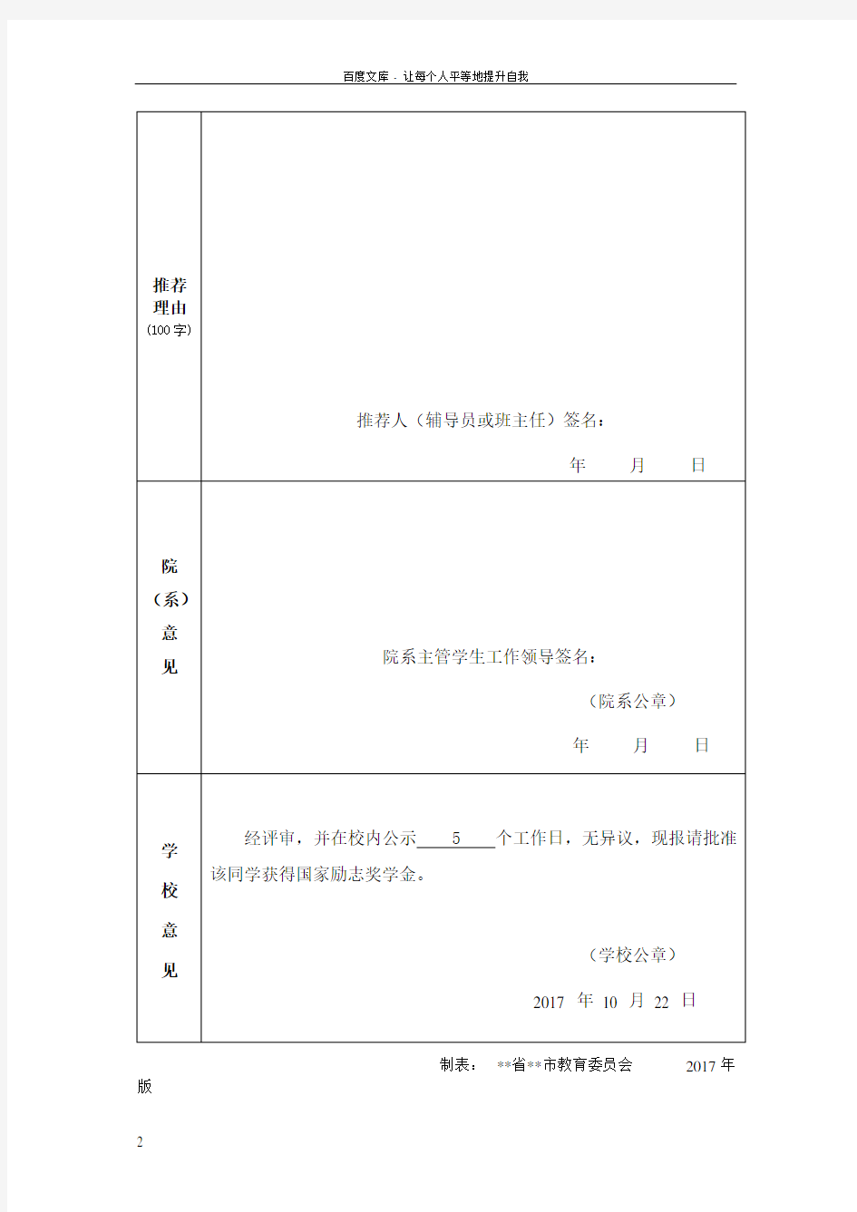 国家励志奖学金申请表模板