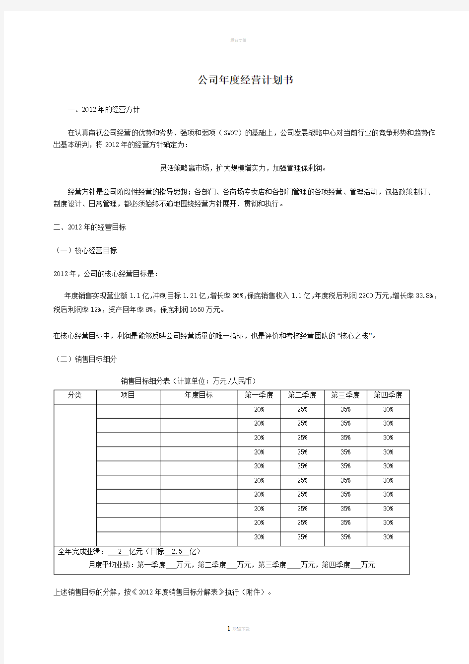 公司年度经营计划书(模板)