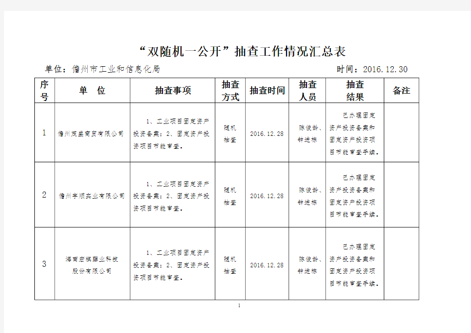 双随机一公开抽查工作情况汇总表