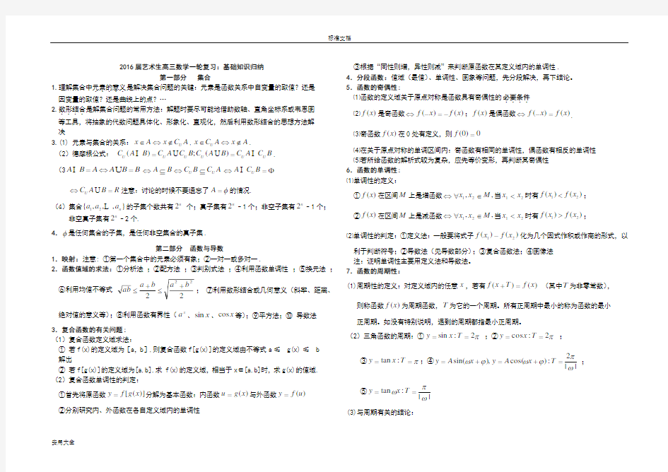 2016届艺术生高三数学一轮复习：基础知识归纳(高中全部)