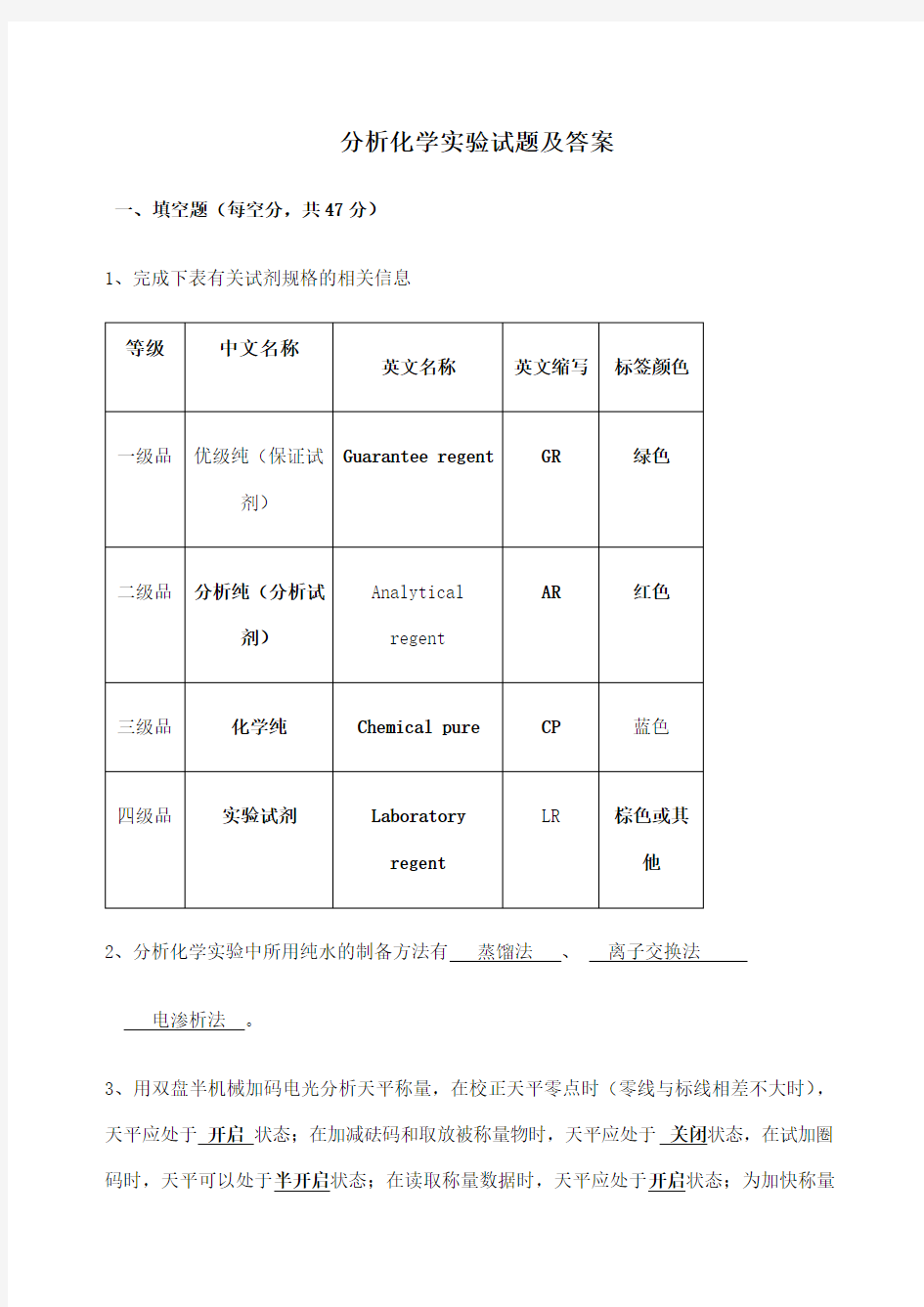 分析化学实验试题及答案