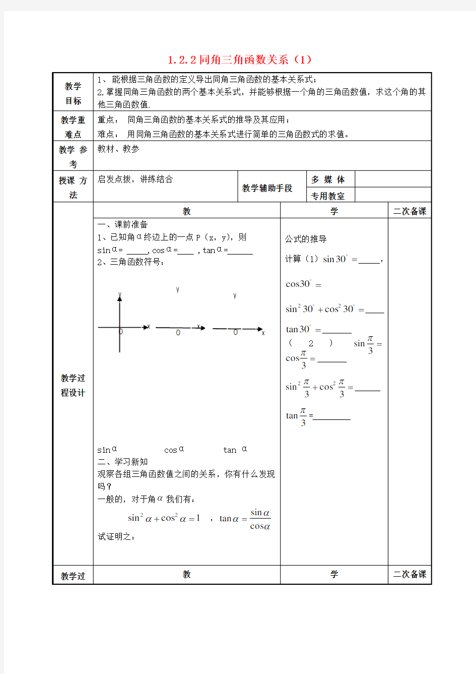 数学三角函数同角三角函数关系教案必修