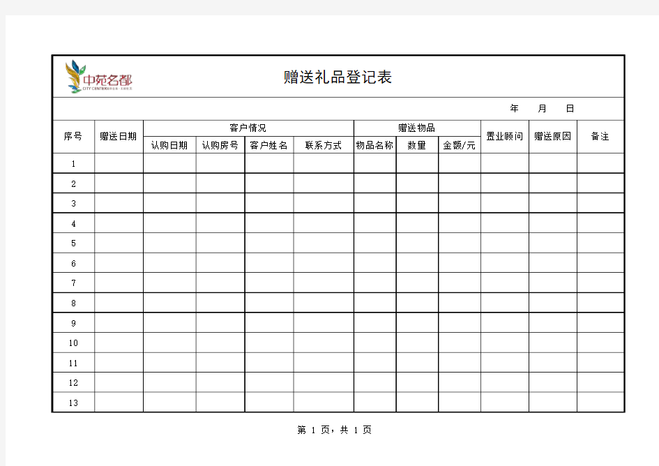 赠送礼品登记表