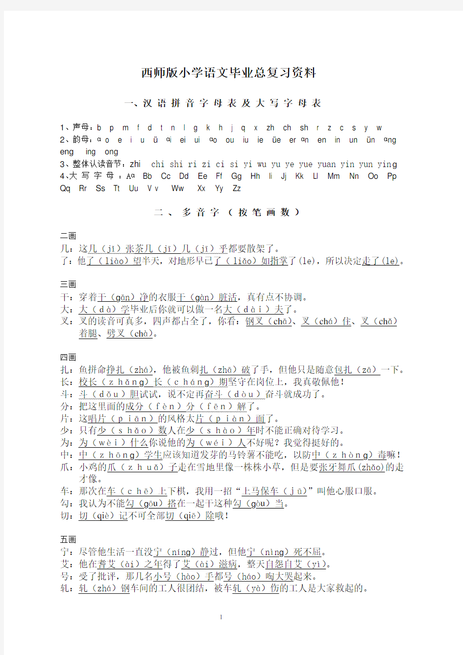 西师版小学语文毕业总复习资料