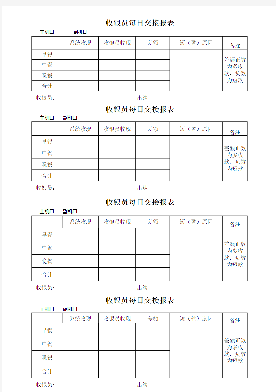 收银员交接表