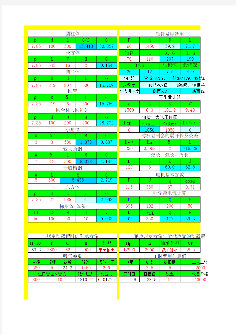 机械设计常用查表资料及常用计算报价资料,自动计算