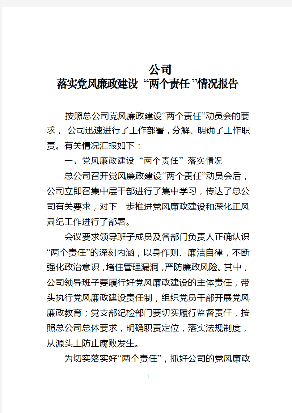 公司党支部关于落实“两个责任”情况报告