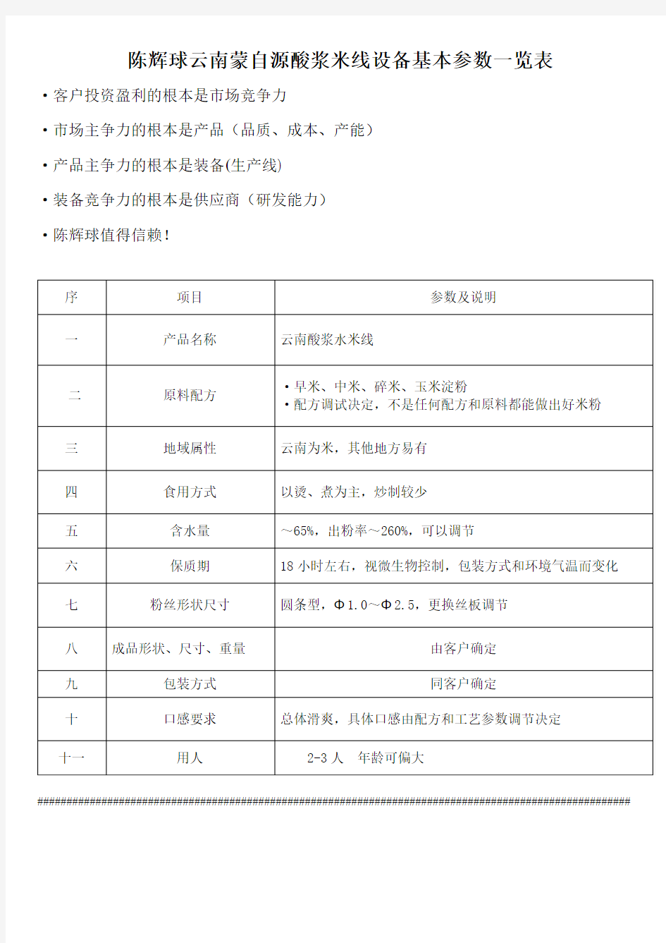 陈辉球云南蒙自源酸浆米线设备基本参数一览表