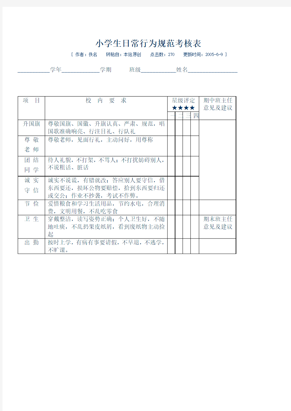 小学生日常行为规范考核表