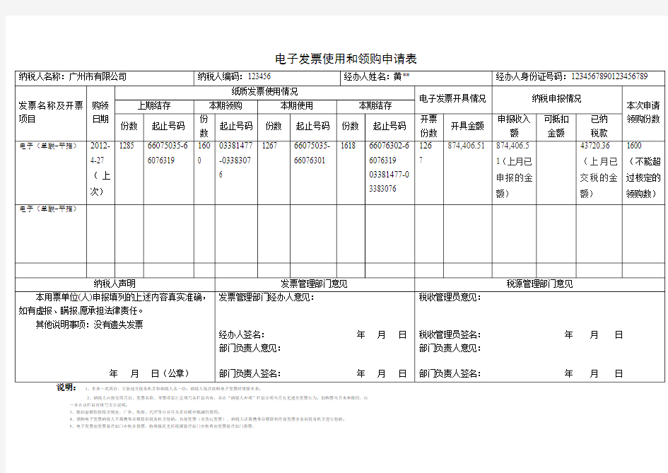 电子发票使用和领购申请表模板(内有填表说明)