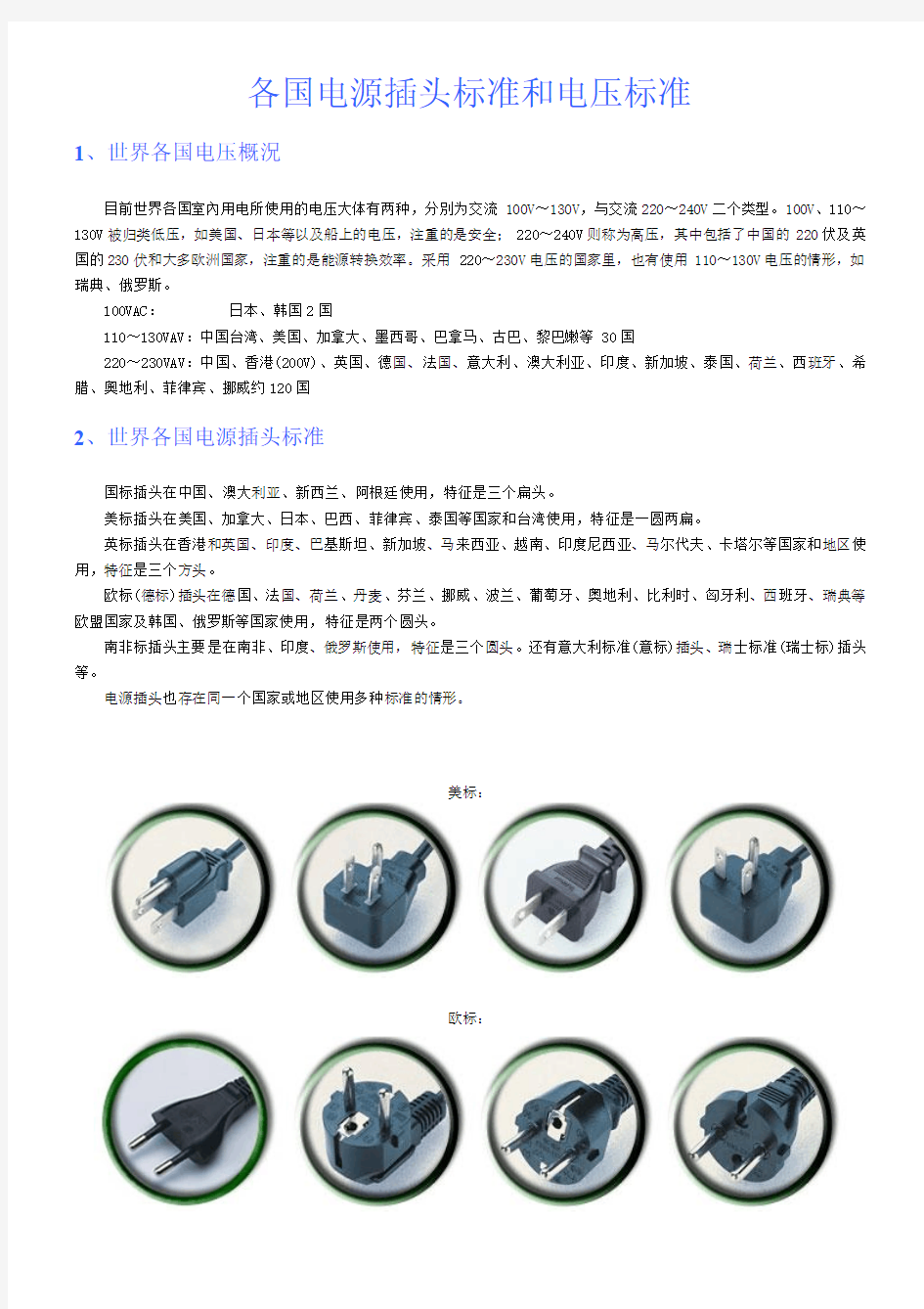 各国电源插头标准和电压标准