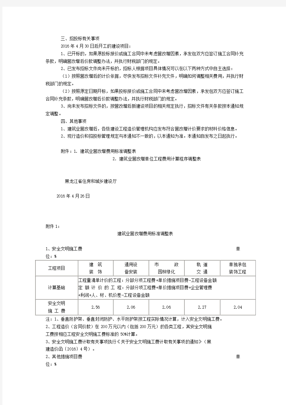 关于黑龙江省建筑业营业税改征增值税调整建设工程计价依据和招投标有关事项的通知