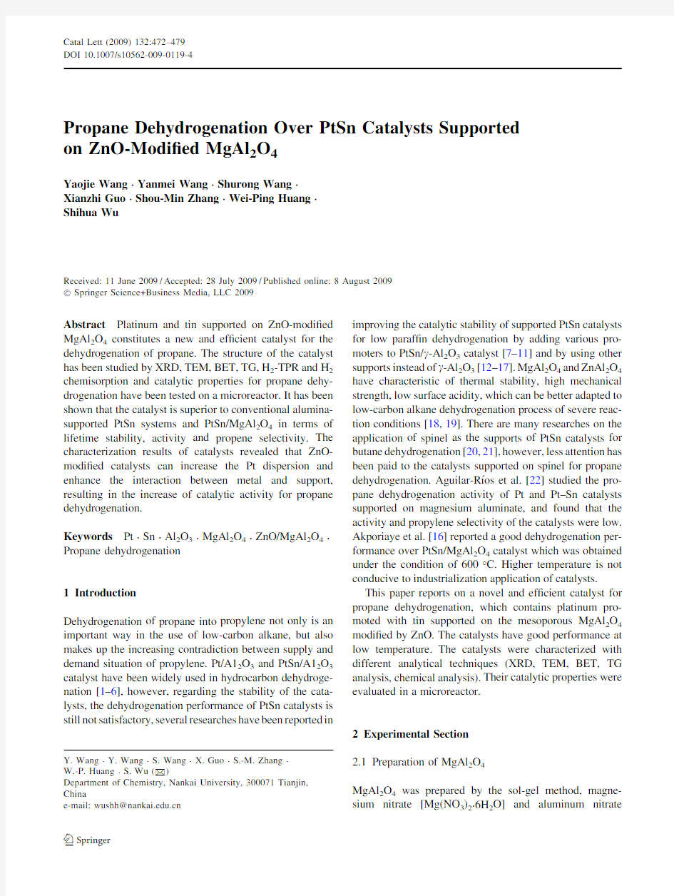 2009-Catal Lett-Propane Dehydrogenation Over PtSn Catalysts Supported on ZnO-Modified MgAl2O4