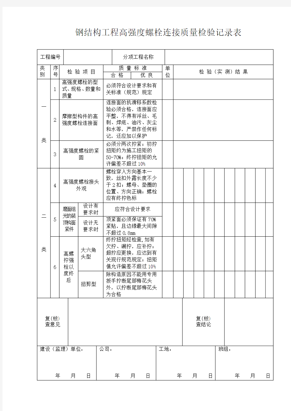 钢结构工程高强度螺栓连接质量检验记录表