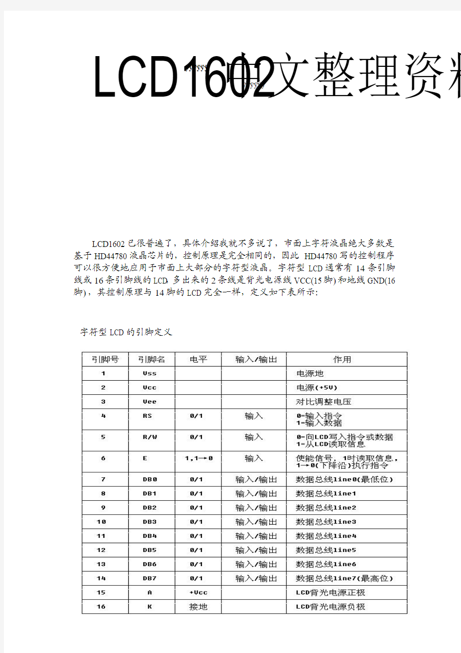 LCD1602中文整理资料