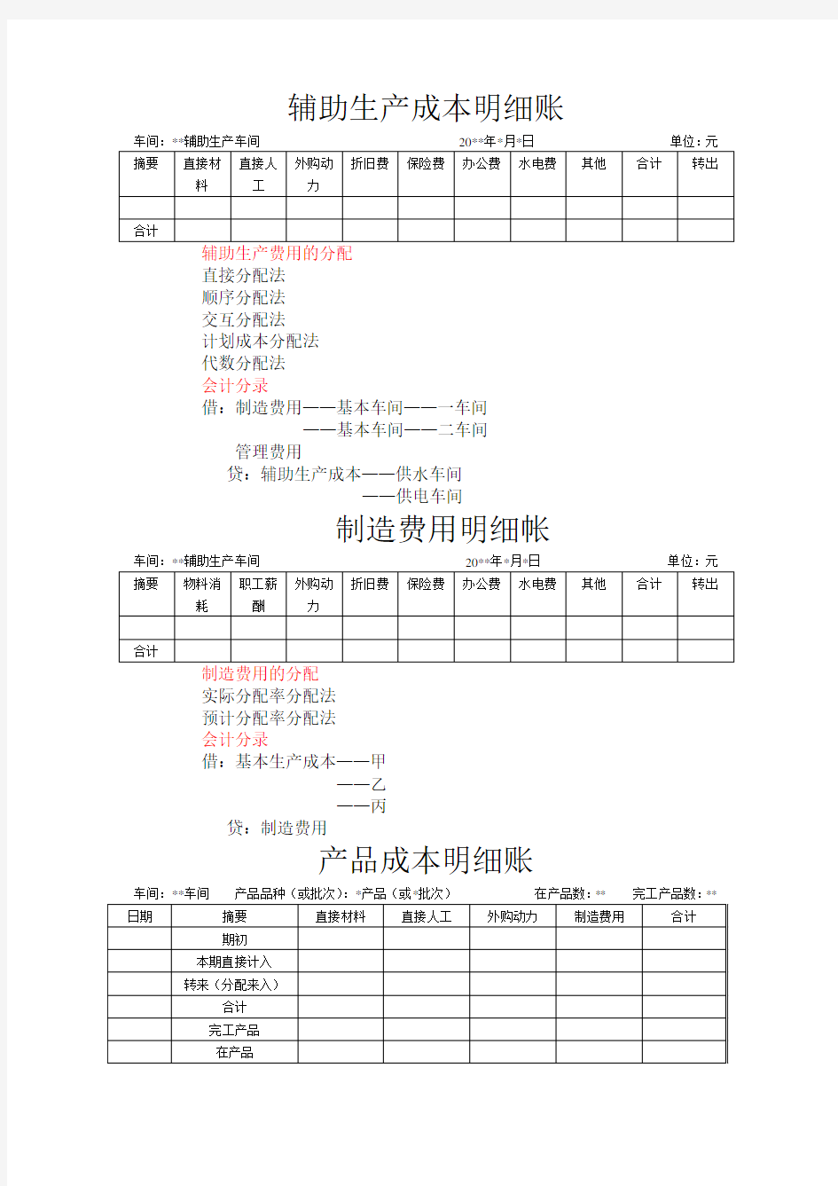 辅助生产成本明细账