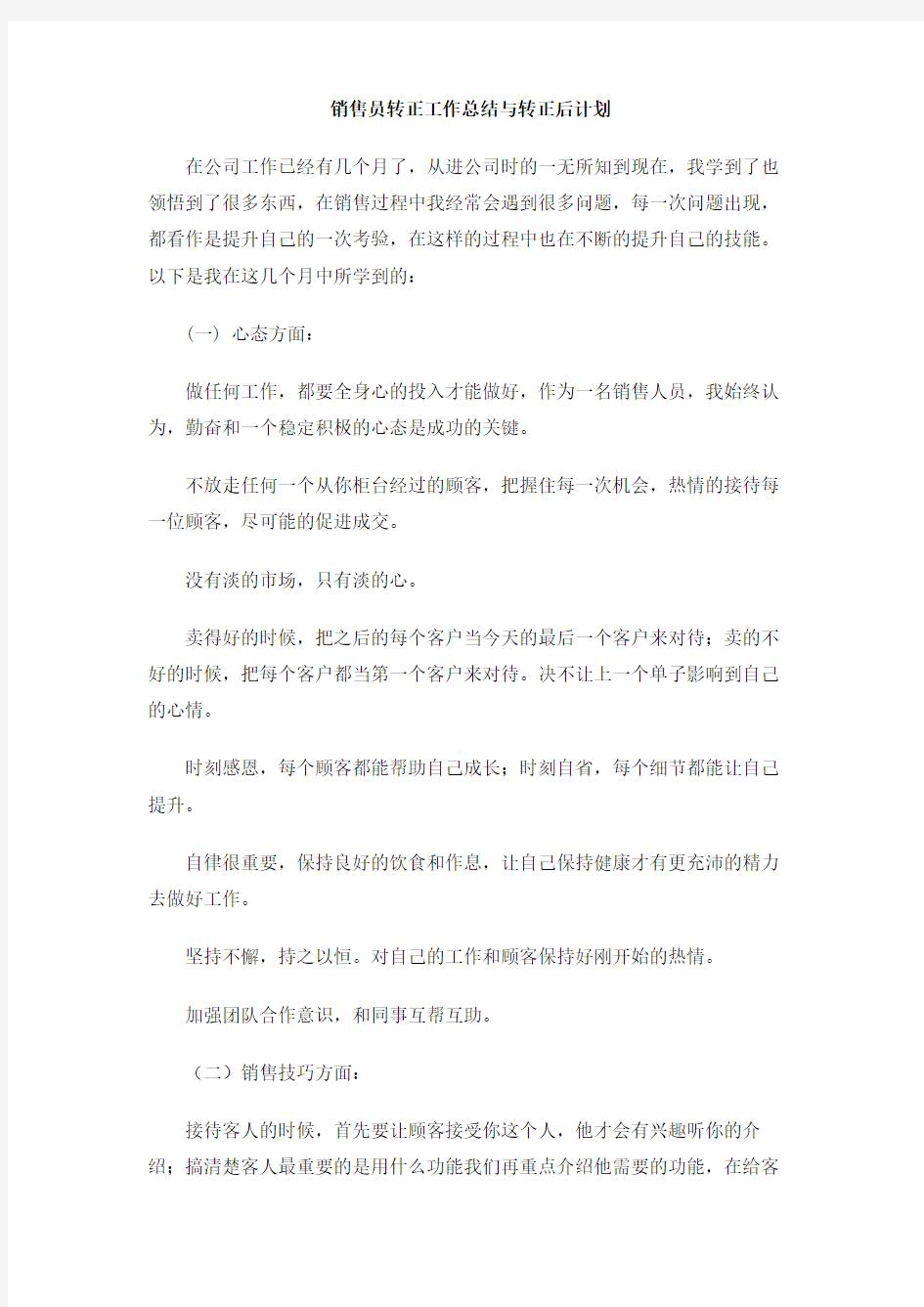 销售员转正工作总结与转正后计划