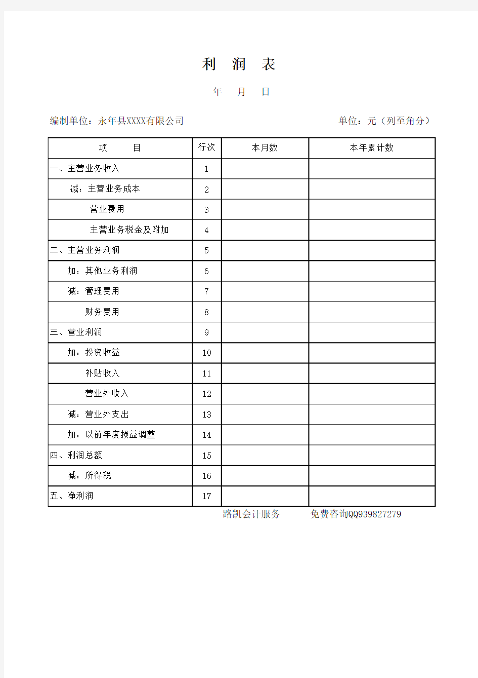 利润表空白模板(最新)