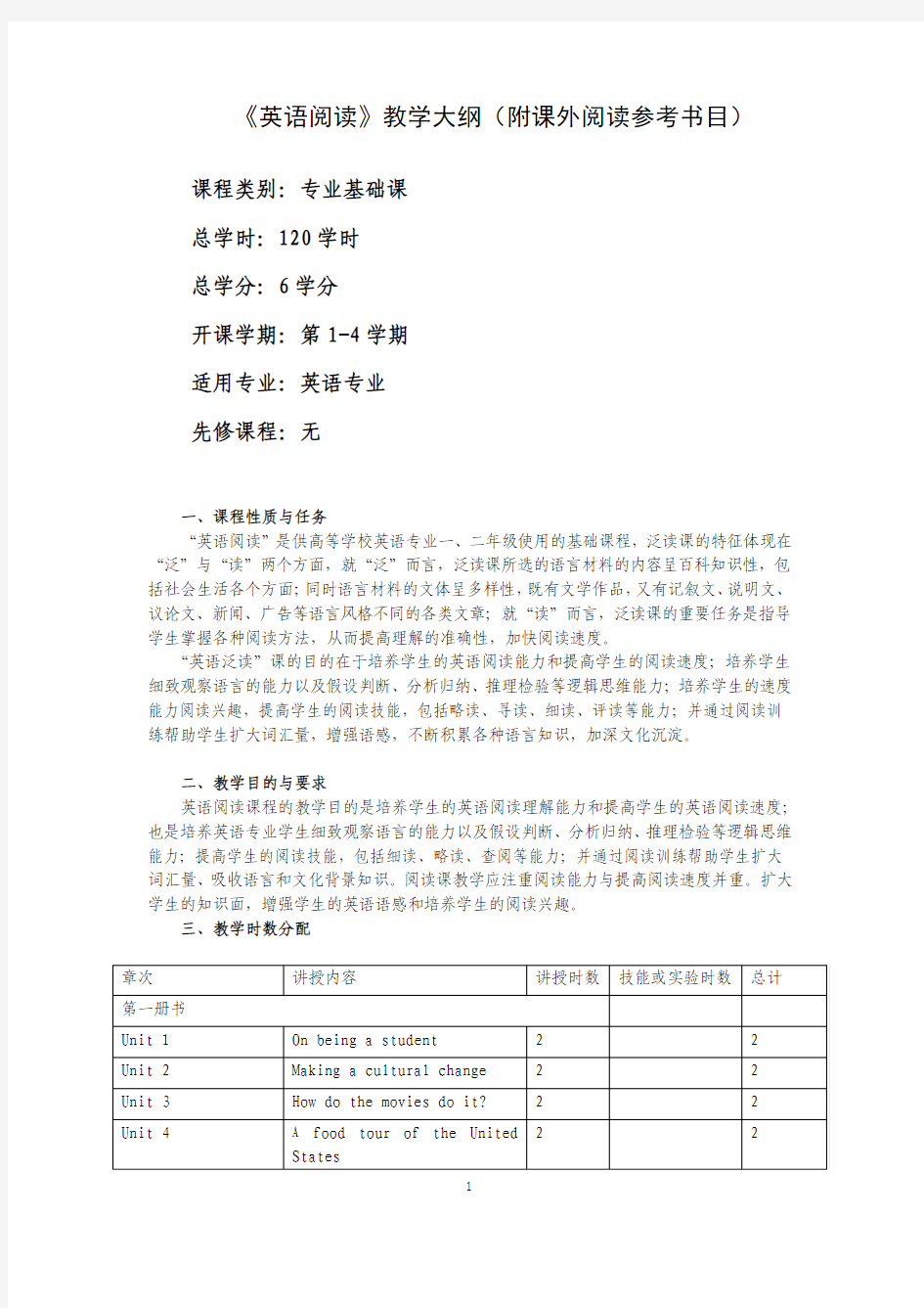 英语专业阅读教学大纲