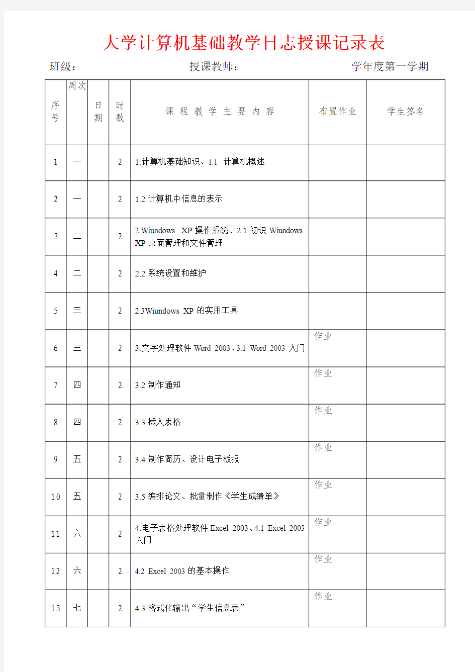 大学计算机应用基础教学日志授课记录表