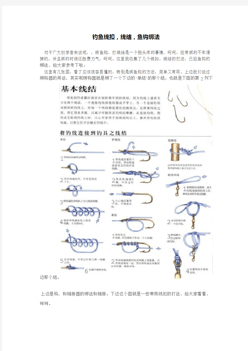 钓鱼线扣,线结,鱼钩绑法