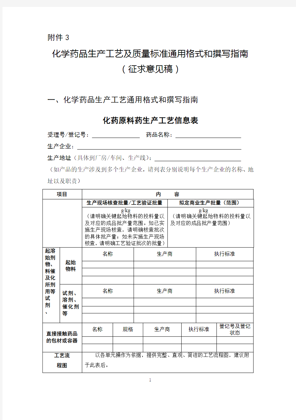 化学药品生产工艺及质量标准通用格式和撰写指南(征求意见稿)