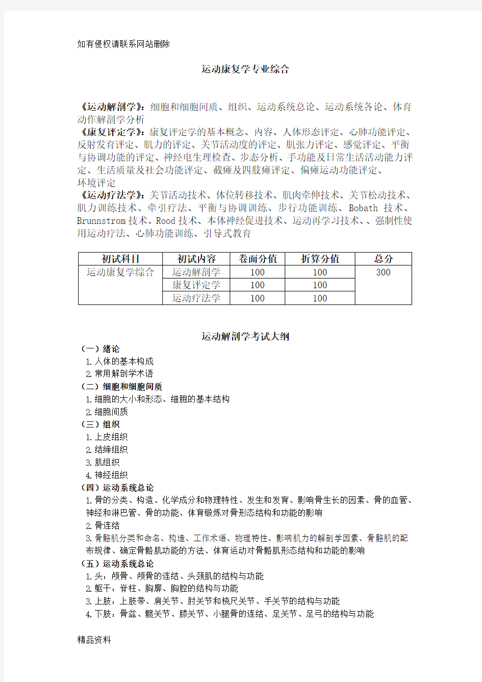 运动康复学专业综合考试大纲教学教材