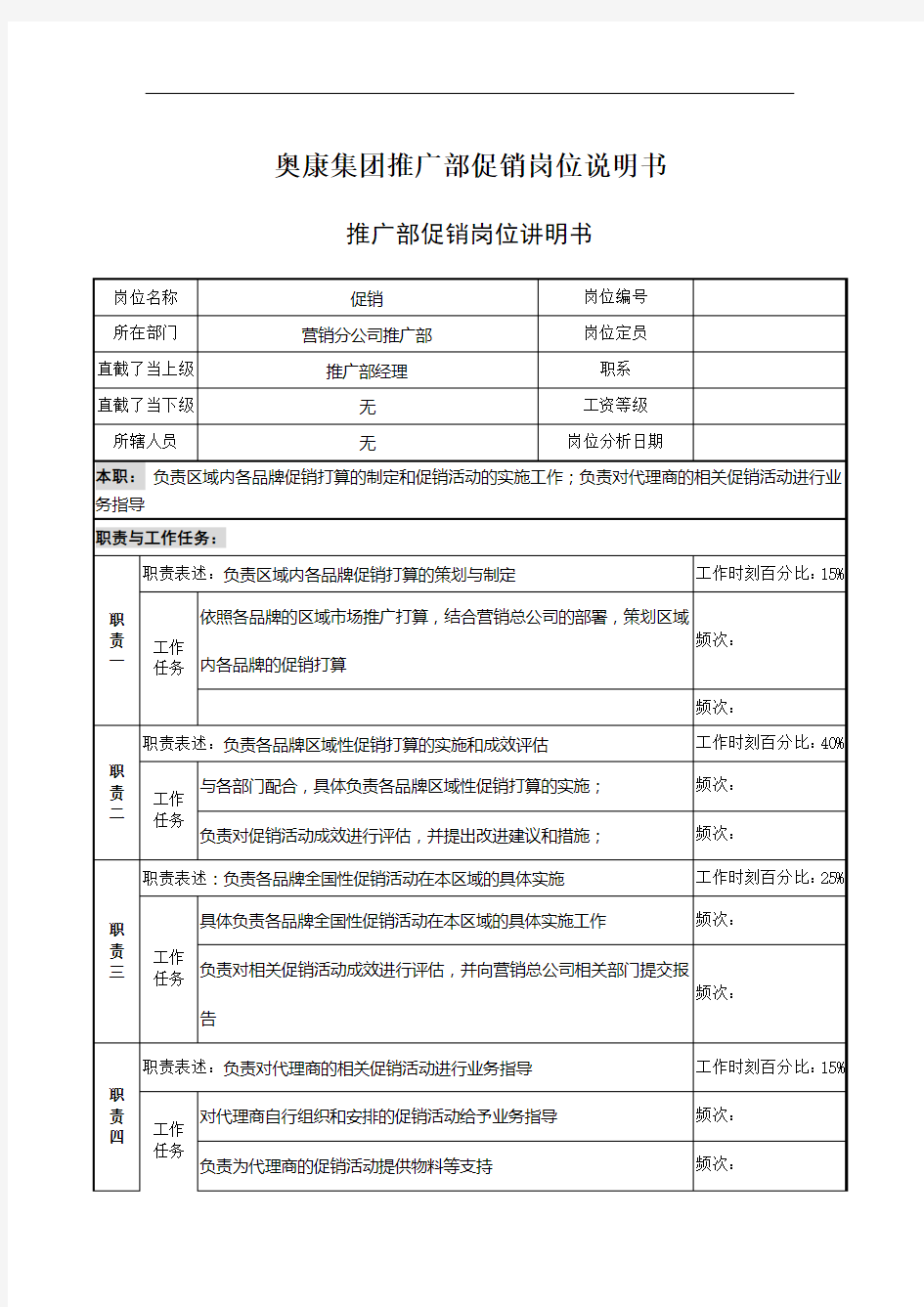 奥康集团推广部促销岗位说明书