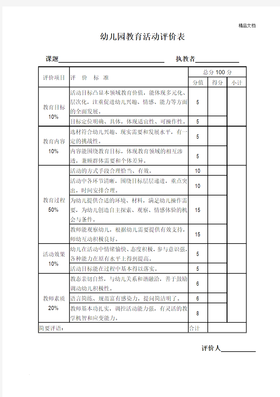 幼儿园教育活动评价表1