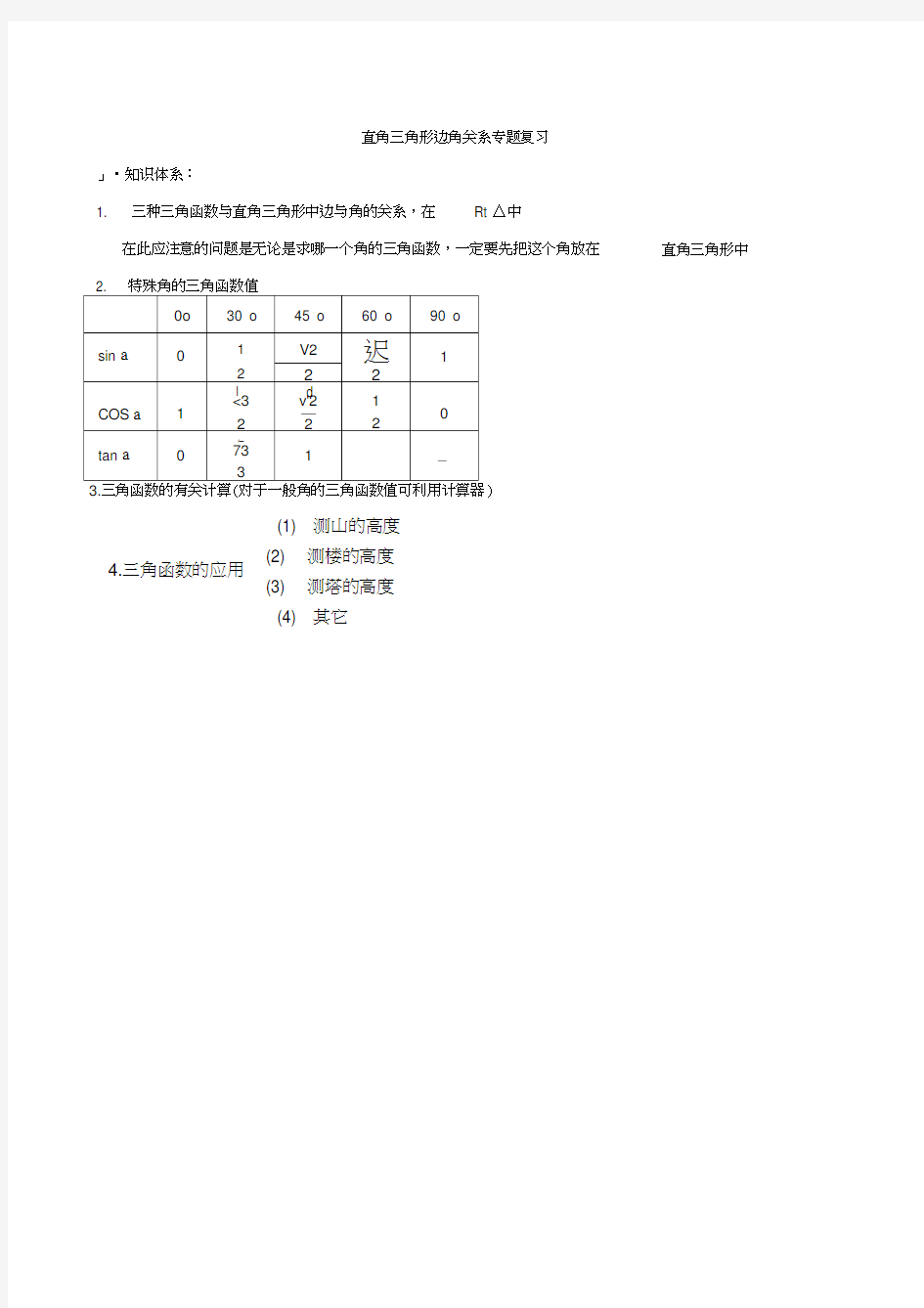 直角三角形边角关系知识点教学内容