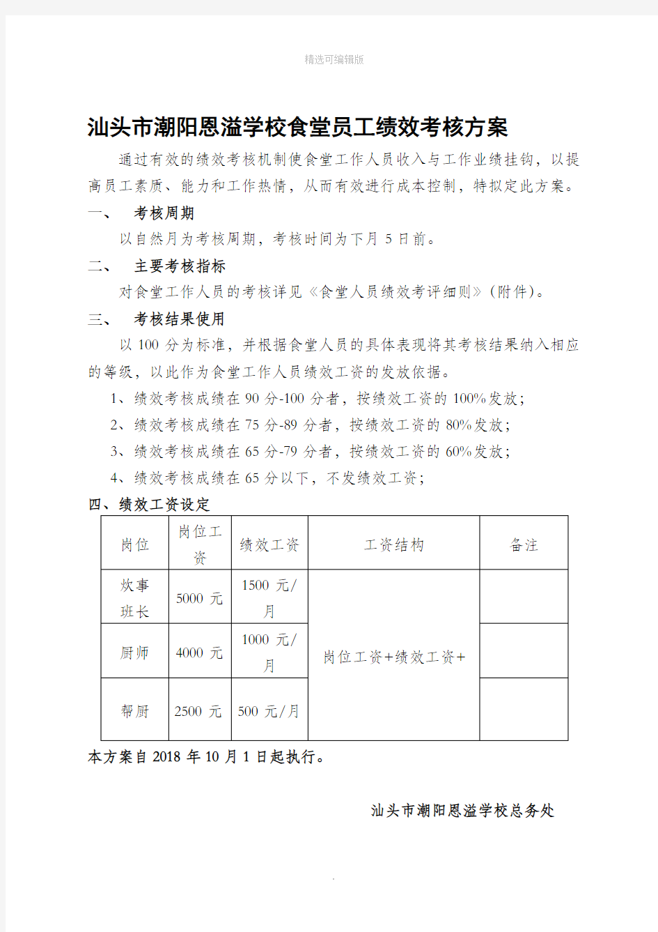 食堂员工绩效考核方案及考评细则85707