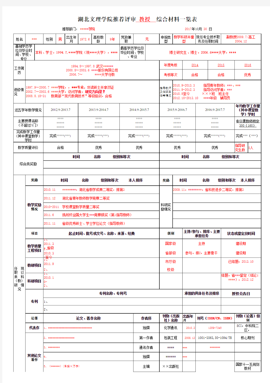 科教师系列综合材料一览表