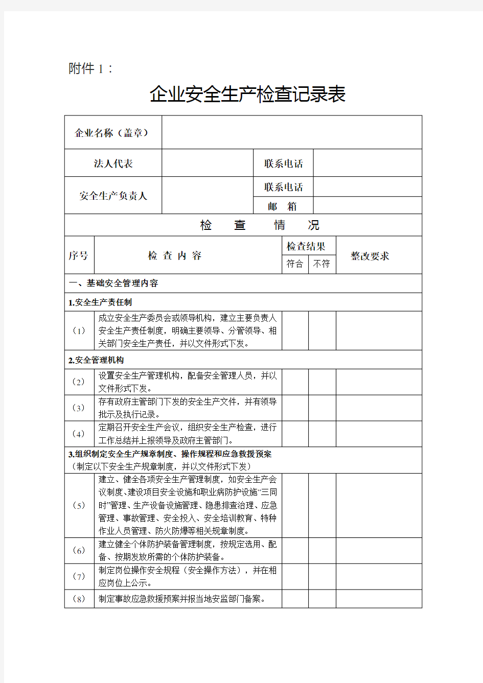 企业安全生产检查表