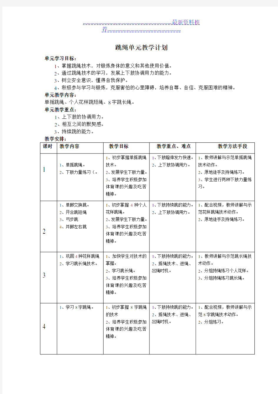 跳绳单元教学计划